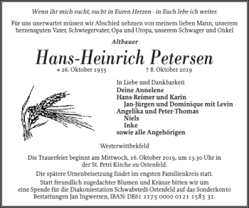 Traueranzeige von Hans-Heinrich Petersen von Husumer Nachrichten