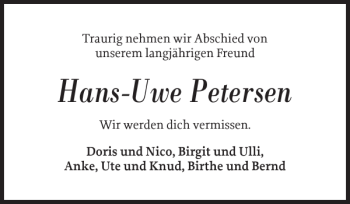 Traueranzeige von Hans-Uwe Petersen von Flensburger Tageblatt