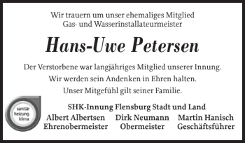 Traueranzeige von Hans-Uwe Petersen von Flensburger Tageblatt