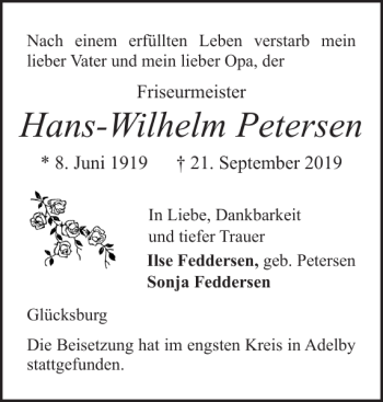Traueranzeige von Hans-Wilhelm Petersen von Flensburger Tageblatt