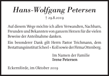 Traueranzeige von Hans-Wolfgang Petersen von Eckernförder Zeitung