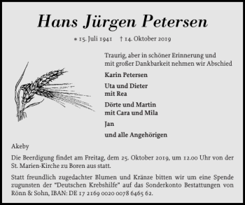 Traueranzeige von Hans Jürgen Petersen von Flensburger Tageblatt