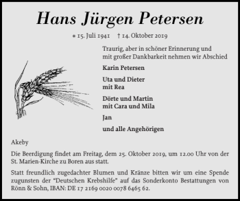 Traueranzeige von Hans Jürgen Petersen von Schleswiger Nachrichten