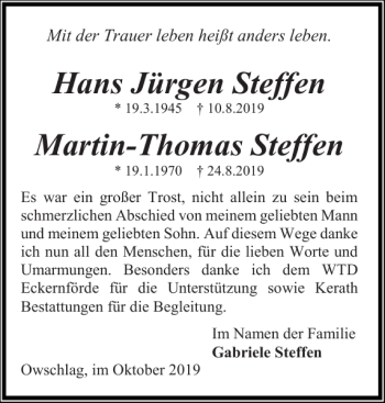 Traueranzeige von Hans Jürgen Steffen Martin-Thomas Steffen von Landeszeitung
