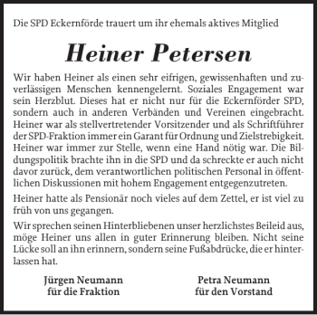 Traueranzeige von Heiner Petersen von Eckernförder Zeitung