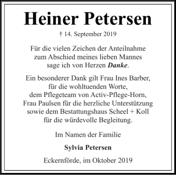 Traueranzeige von Heiner Petersen von Eckernförder Zeitung