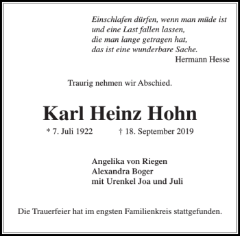 Traueranzeige von Karl Heinz Hohn von Stormarner Tageblatt