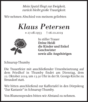 Traueranzeige von Klaus Petersen von Schleswiger Nachrichten