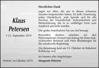 Traueranzeige von Klaus Petersen von Landeszeitung