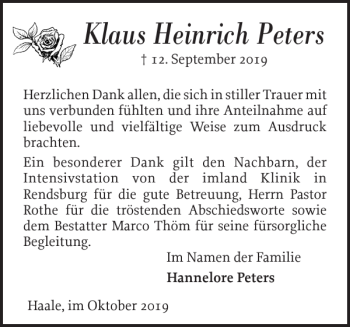 Traueranzeige von Klaus Heinrich Peters von Landeszeitung