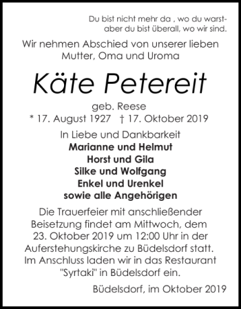 Traueranzeige von Käte Petereit von Landeszeitung