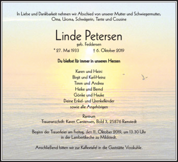 Traueranzeige von Linde Petersen von Husumer Nachrichten