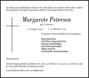 Traueranzeige von Margarete Petersen von Flensburger Tageblatt