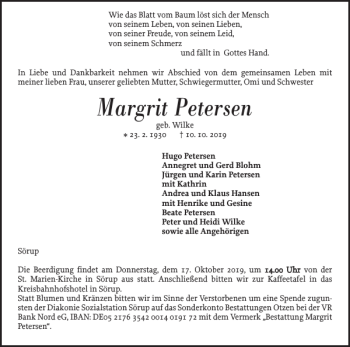 Traueranzeige von Margrit Petersen von Flensburger Tageblatt