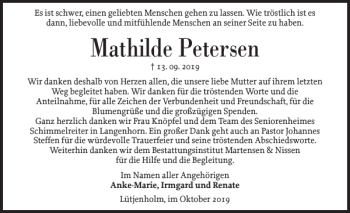 Traueranzeige von Mathilde Petersen von Husumer Nachrichten
