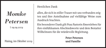Traueranzeige von Momke Petersen von Schleswiger Nachrichten