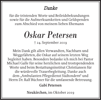 Traueranzeige von Oskar Petersen von Nordfriesland Tageblatt