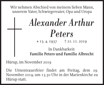 Traueranzeige von Alexander Arthur Peters von Flensburger Tageblatt
