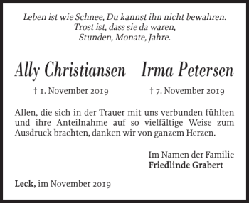 Traueranzeige von Ally Christiansen Irma Petersen von Nordfriesland Tageblatt