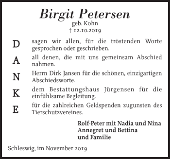 Traueranzeige von Birgit Petersen von Schleswiger Nachrichten