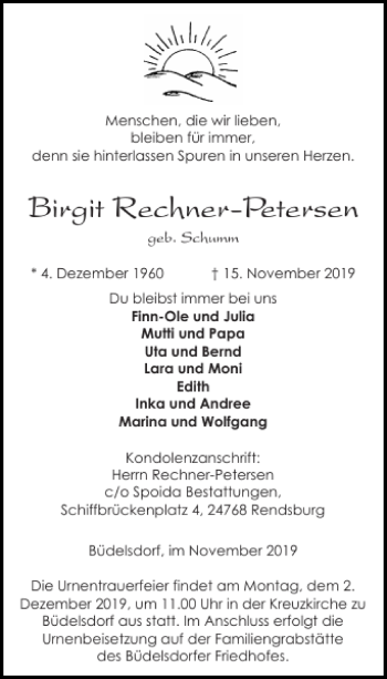 Traueranzeige von Birgit Rechner-Petersen von Landeszeitung