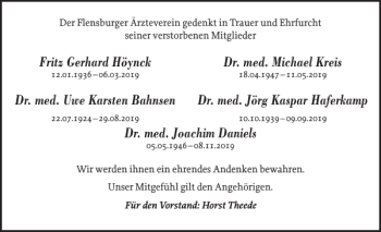 Traueranzeige von Der Flensburger Ärzteverein gedenkt in Trauer  von Flensburger Tageblatt