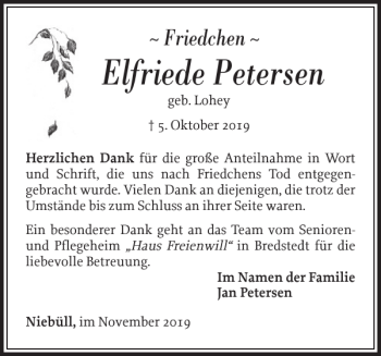 Traueranzeige von Elfriede Petersen von Nordfriesland Tageblatt