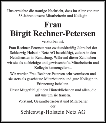 Traueranzeige von Frau Birgit Rechner-Petersen von Landeszeitung