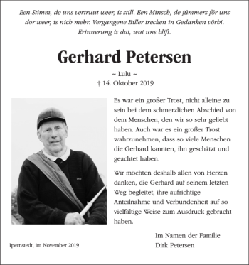 Traueranzeige von Gerhard Petersen von Husumer Nachrichten