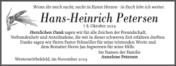 Traueranzeige von Hans-Heinrich Petersen von Husumer Nachrichten
