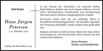 Traueranzeige von Hans Jürgen Petersen von Flensburger Tageblatt