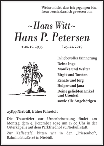 Traueranzeige von Hans P. Petersen von Husumer Nachrichten