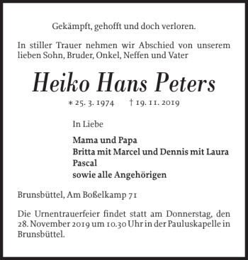 Traueranzeige von Heiko Hans Peters von Norddeutsche Rundschau