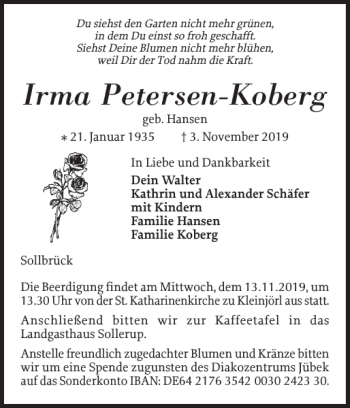 Traueranzeige von Irma Petersen-Koberg von Schleswiger Nachrichten