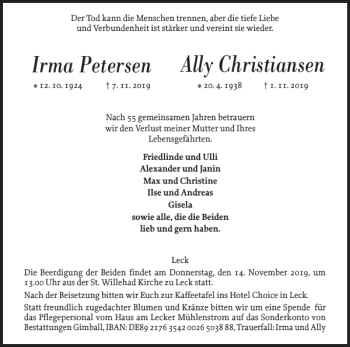 Traueranzeige von Irma Petersen Ally Christiansen von Nordfriesland Tageblatt
