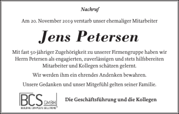 Traueranzeige von Jens Petersen von Landeszeitung
