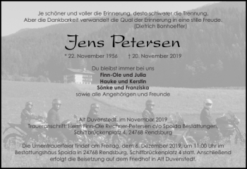 Traueranzeige von Jens Petersen von Landeszeitung