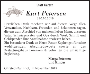 Traueranzeige von Kurt Petersen von Husumer Nachrichten
