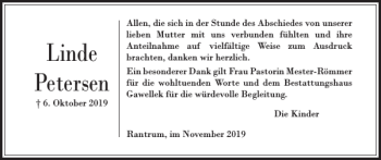 Traueranzeige von Linde Petersen von Husumer Nachrichten