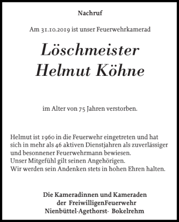 Traueranzeige von Löschmeister Helmut Köhne von Norddeutsche Rundschau