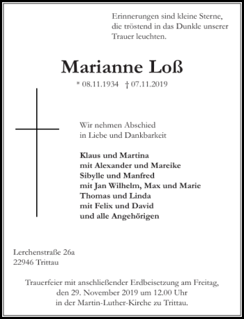 Traueranzeige von Marianne Loß von Stormarner Tageblatt