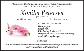Traueranzeige von Monika Petersen von Husumer Nachrichten