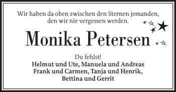 Traueranzeige von Monika Petersen von Husumer Nachrichten