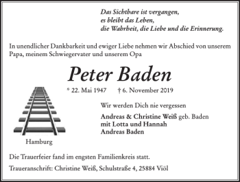 Traueranzeige von Peter Baden von Husumer Nachrichten