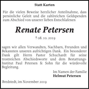 Traueranzeige von Renate Petersen von Husumer Nachrichten