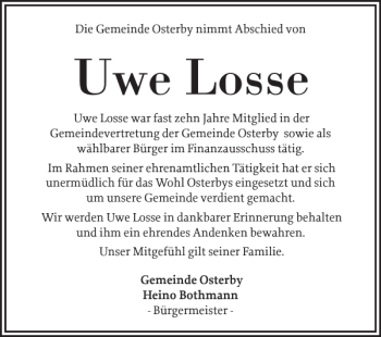 Traueranzeige von Uwe Losse von Eckernförder Zeitung