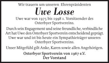 Traueranzeige von Uwe Losse von Eckernförder Zeitung
