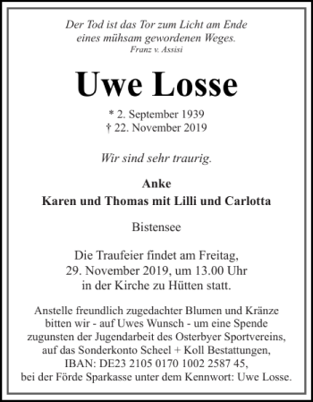 Traueranzeige von Uwe Losse von Eckernförder Zeitung