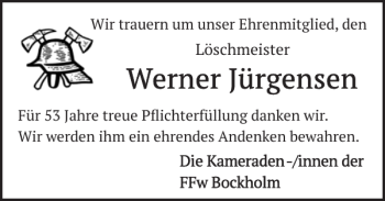 Traueranzeige von Werner Löschmeister von Flensburger Tageblatt