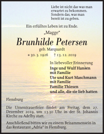 Traueranzeige von Brunhilde Petersen von Flensburger Tageblatt